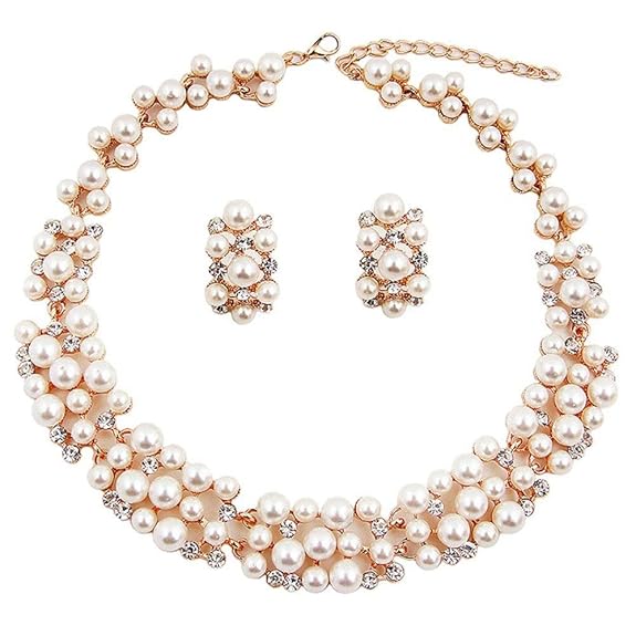 LukGud Gold Plated Pearl Necklace Set/Jewellery Set with Fancy Earrings for Girls/Women