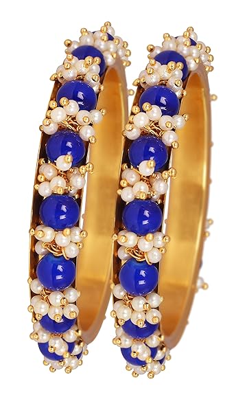 LukGud Less Fashion Gold Plated Cluster Pearl Beads Bangle Set for Women and Girls (Set of 2)