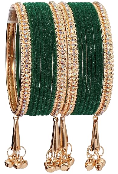 LukGud Velvet Studded Bells Latkan Bangles Set For Girls and Women -Pack of 16 Bangles