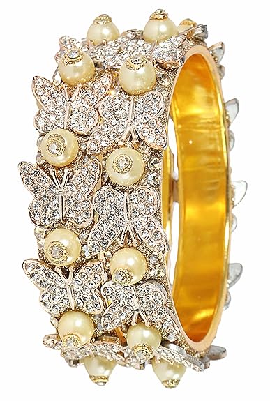 LukGud Stylish Butterfly Design Golden Metal with Zircon Diamond & Pearls Moti Bangles Kada For Women & Girls