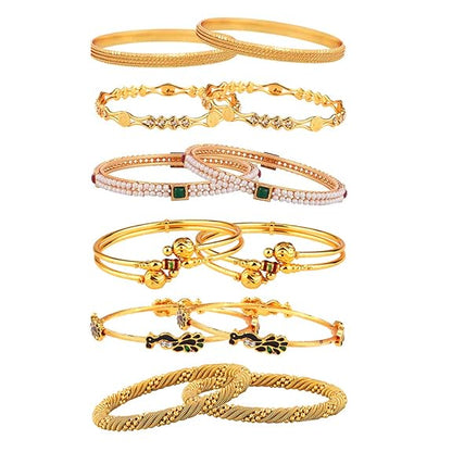 LukGud Gold Plated & Coloured Stone Bangles for Women & Girls (Set of 6)