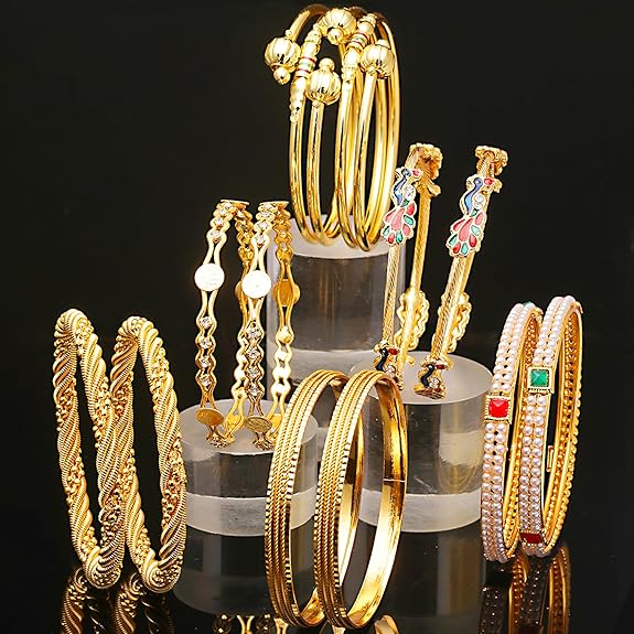 LukGud Gold Plated & Coloured Stone Bangles for Women & Girls (Set of 6)