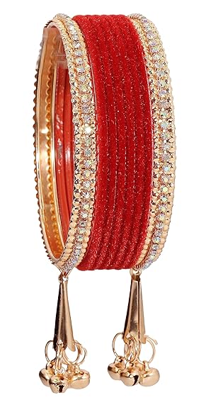 LukGud Velvet Studded Bells Latkan Bangles Set For Girls and Women -Pack of 16 Bangles