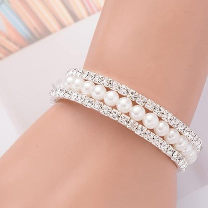 LukGud Silver Tone White Pearl Stone Multi-Layer Bracelet for Women