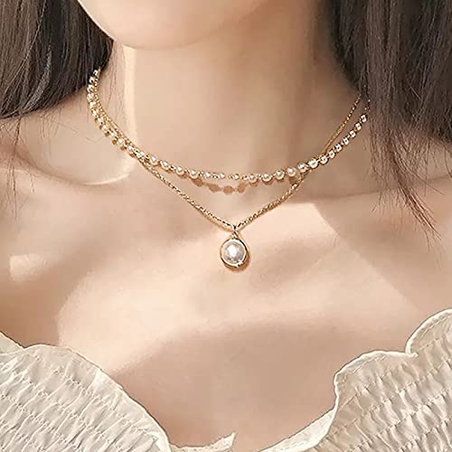 LukGud Charming Gold Plated Pearl Double Layered Pendant Necklace for Women and Girls