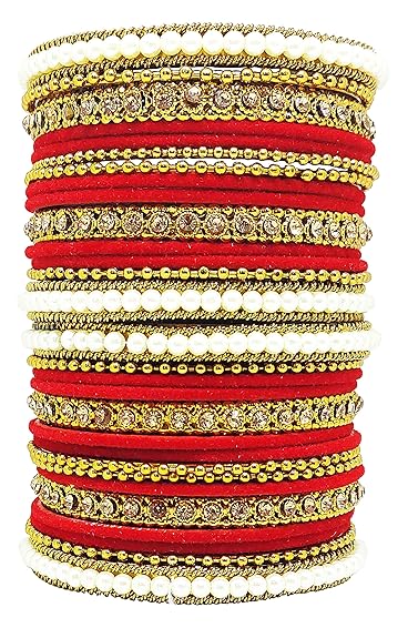 LukGud Traditional fabric stone metal bangles set for women and girls.