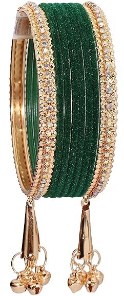 LukGud Velvet Studded Bells Latkan Bangles Set For Girls and Women -Pack of 16 Bangles