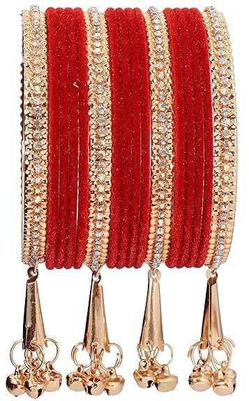 LukGud Velvet Studded Bells Latkan Bangles Set For Girls and Women -Pack of 16 Bangles