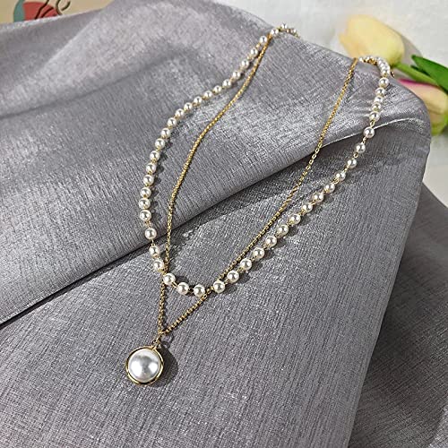 LukGud Charming Gold Plated Pearl Double Layered Pendant Necklace for Women and Girls