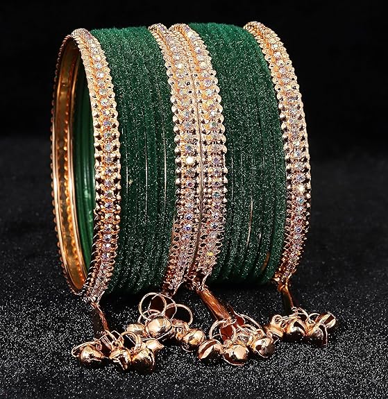 LukGud Velvet Studded Bells Latkan Bangles Set For Girls and Women -Pack of 16 Bangles