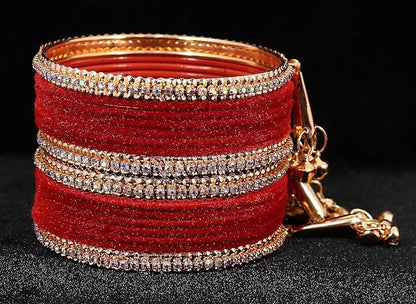 LukGud Velvet Studded Bells Latkan Bangles Set For Girls and Women -Pack of 16 Bangles