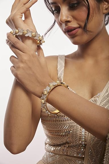 LukGud Stylish Butterfly Design Golden Metal with Zircon Diamond & Pearls Moti Bangles Kada For Women & Girls