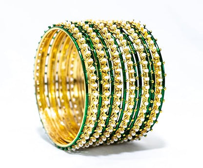 LukGud Traditional Gold Plated Metal Bangles Set for Women and Girls|12 Green Bangles and 6 Pearl Bangles