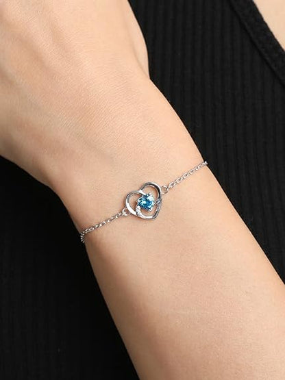 LukGud Silver Heart Bracelet, Adjustable, Rhodium Plated, Swiss Zirconia for Women and Girls