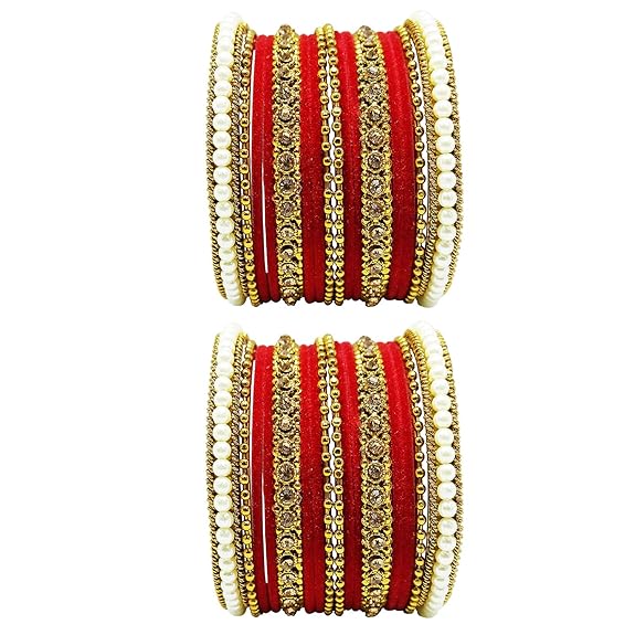 LukGud Traditional fabric stone metal bangles set for women and girls.