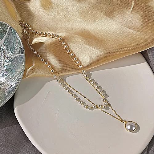 LukGud Charming Gold Plated Pearl Double Layered Pendant Necklace for Women and Girls