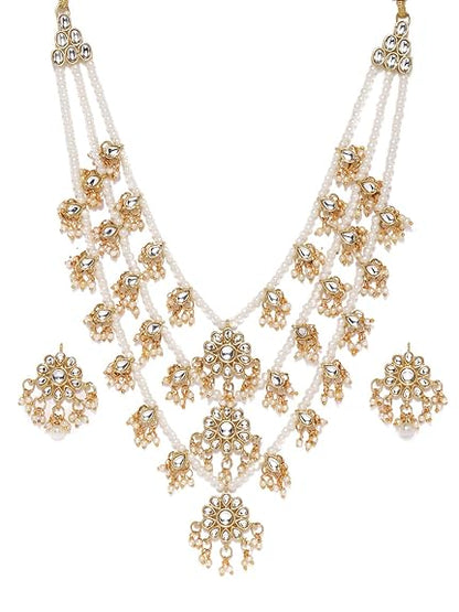 LukGud Ethnic Kundan & Pearls Multi Layers Bridal Necklace Set For Women