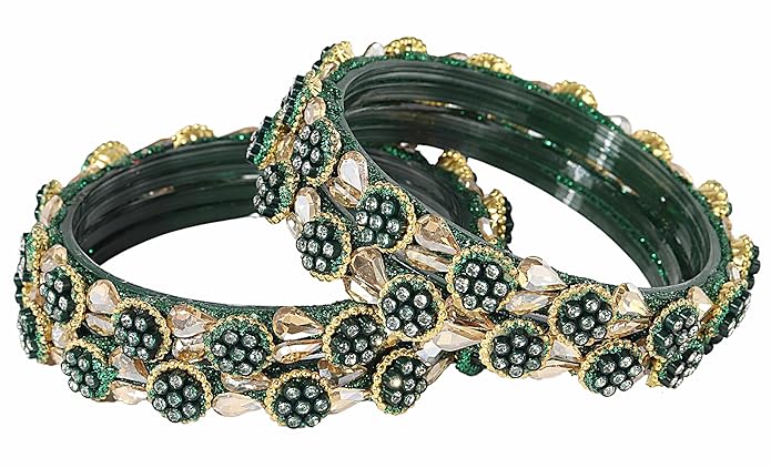 LukGud Bangles Kada Set with Golden Zircon Diamond and Beads For Women & Girls - Set of 2