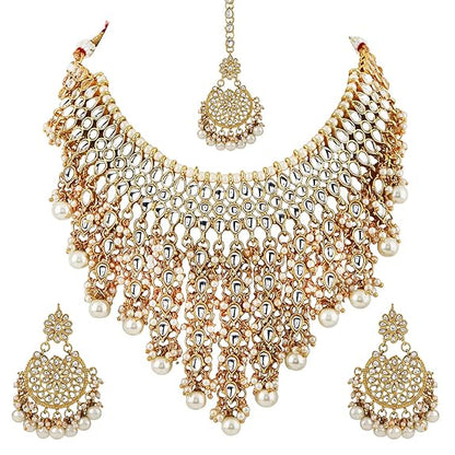 LukGud Latest Stylish Choker Traditional Pearl Kundan Necklace Jewellery Set for Women