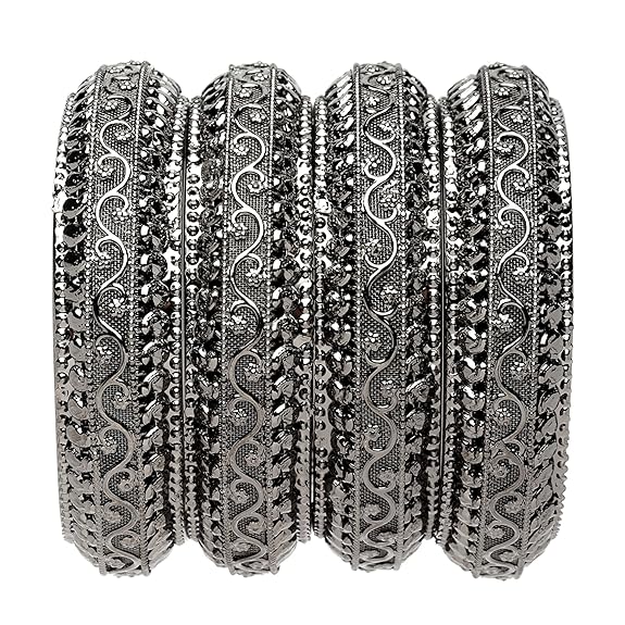 LukGud Silver-Plated Classic Intricate Textured Bangles Jewellery Set for Girls and Women -Set Of 4