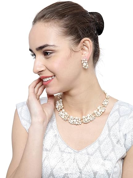 LukGud Gold Plated Pearl Necklace Set/Jewellery Set with Fancy Earrings for Girls/Women