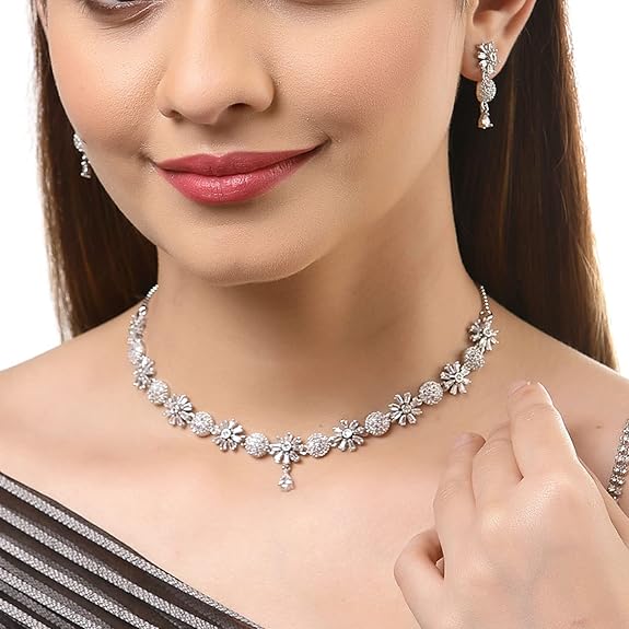 LukGud American Diamond Studded Necklace With Earring Jewellery Set For Woment and Girl