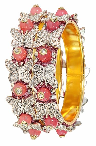 LukGud Stylish Butterfly Design Golden Metal with Zircon Diamond & Pearls Moti Bangles Kada For Women & Girls