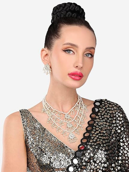 LukGud Ethnic Kundan & Pearls Multi Layers Bridal Necklace Set For Women