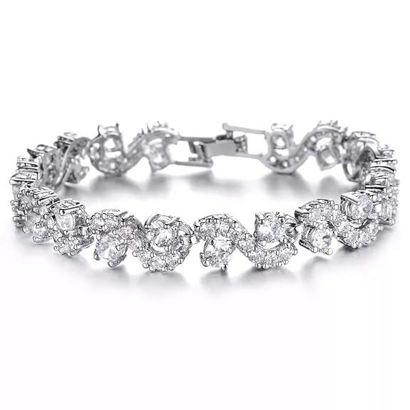 LukGud White Silver Plated Cubic Zirconia Stylish Crystal Charm Bracelet for Women