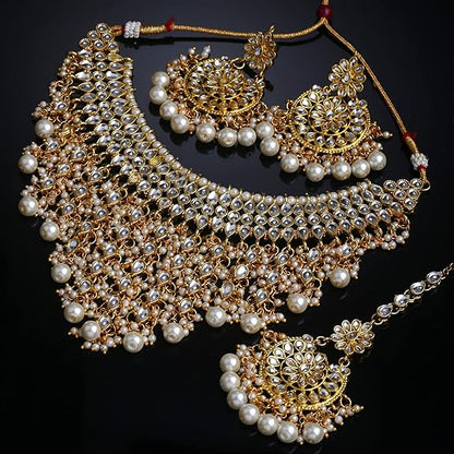 LukGud Latest Stylish Choker Traditional Pearl Kundan Necklace Jewellery Set for Women