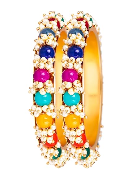 LukGud Less Fashion Gold Plated Cluster Pearl Beads Bangle Set for Women and Girls. (Set of 2)