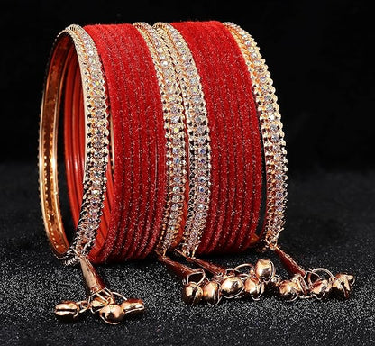 LukGud Velvet Studded Bells Latkan Bangles Set For Girls and Women -Pack of 16 Bangles