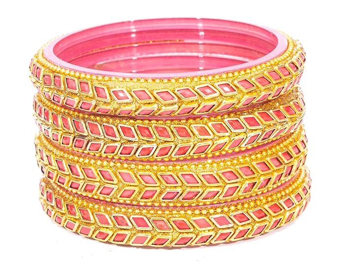 LukGud Glass Bangles / Kadas Set | Diamond Cutting Stone design | Golden Design for Women & Girls