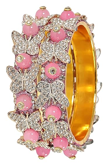 LukGud Stylish Butterfly Design Golden Metal & Pearls Moti Bangles Kada For Women & Girls