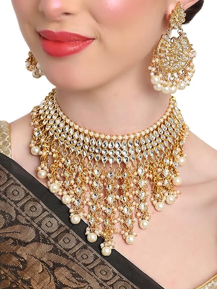 LukGud Latest Stylish Choker Traditional Pearl Kundan Necklace Jewellery Set for Women