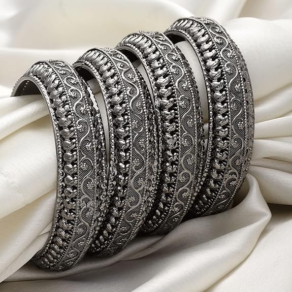 LukGud Silver-Plated Classic Intricate Textured Bangles Jewellery Set for Girls and Women -Set Of 4