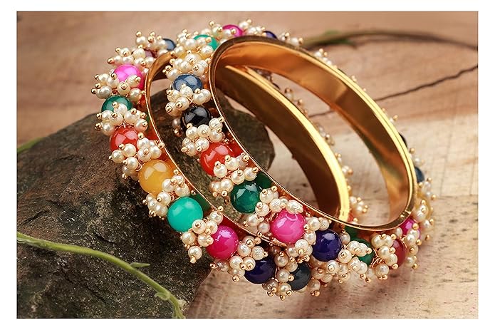 LukGud Less Fashion Gold Plated Cluster Pearl Beads Bangle Set for Women and Girls. (Set of 2)