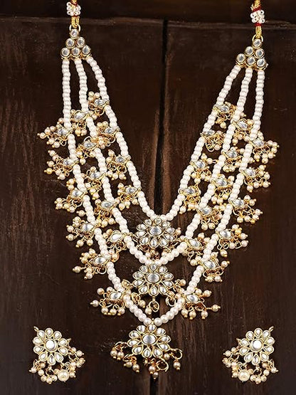 LukGud Ethnic Kundan & Pearls Multi Layers Bridal Necklace Set For Women