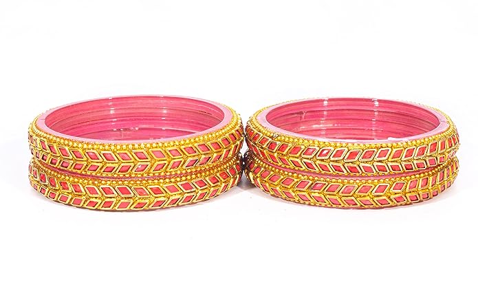 LukGud Glass Bangles / Kadas Set | Diamond Cutting Stone design | Golden Design for Women & Girls