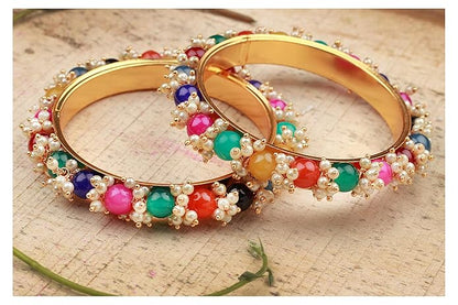 LukGud Less Fashion Gold Plated Cluster Pearl Beads Bangle Set for Women and Girls. (Set of 2)