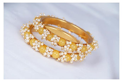 LukGud Less Fashion Gold Plated Cluster Pearl Beads Bangle Set for Women and Girls (Set of 2)