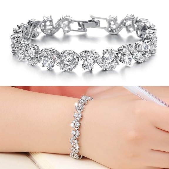 LukGud White Silver Plated Cubic Zirconia Stylish Crystal Charm Bracelet for Women