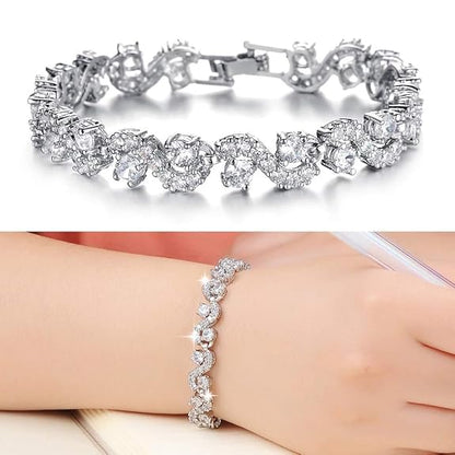 LukGud White Silver Plated Cubic Zirconia Stylish Crystal Charm Bracelet for Women