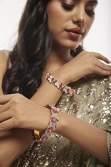 LukGud Stylish Butterfly Design Golden Metal & Pearls Moti Bangles Kada For Women & Girls