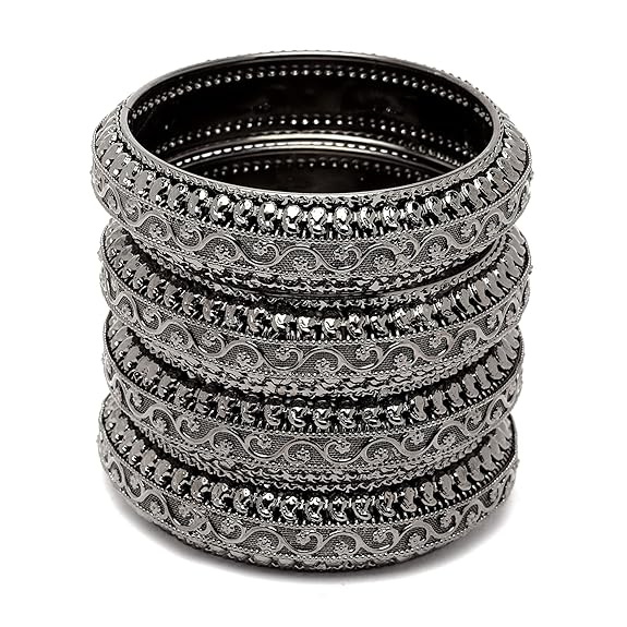 LukGud Silver-Plated Classic Intricate Textured Bangles Jewellery Set for Girls and Women -Set Of 4