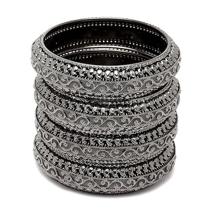 LukGud Silver-Plated Classic Intricate Textured Bangles Jewellery Set for Girls and Women -Set Of 4