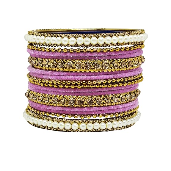 LukGud Traditional fabric stone metal bangles set for women and girls.