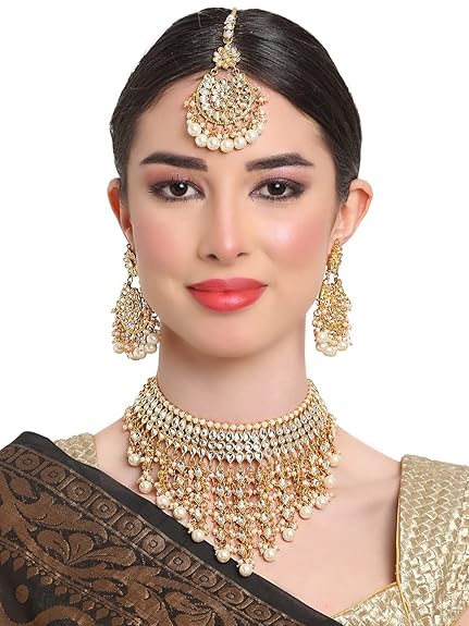 LukGud Latest Stylish Choker Traditional Pearl Kundan Necklace Jewellery Set for Women