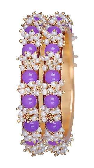 LukGud Less Fashion Gold Plated Cluster Pearl Beads Bangle Set for Women and Girls (Set of 2)