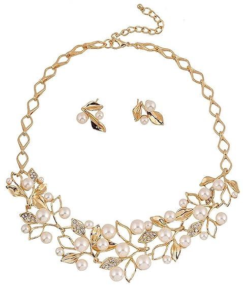 LukGud Gold Plated Pearl Necklace Set/Jewellery Set with Fancy Earrings for Girls/Women